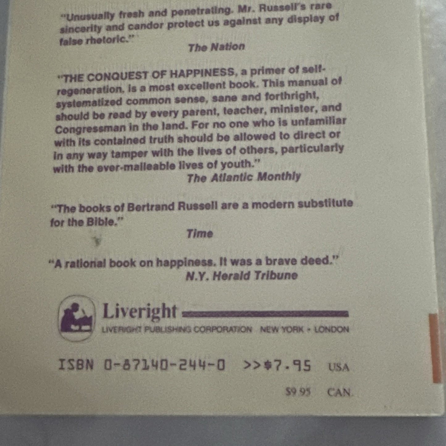 Conquest of Happiness by Bertrand Russell First 1st Edition VG PB 1988