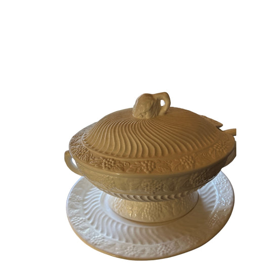 Vintage California Pottery Large White Soup Tureen Swirled with Grapes- 3 Pieces