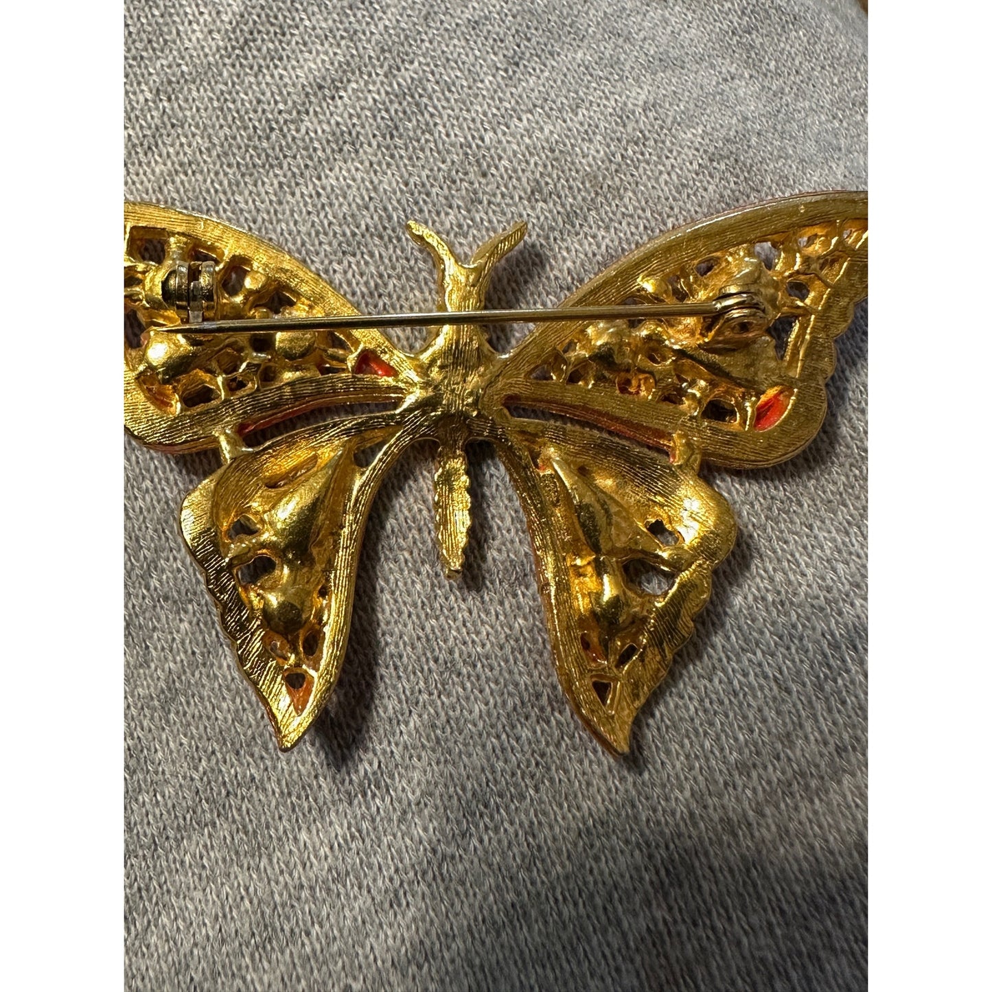 Vintage Metallic Gold Tone Butterfly with Aurora Borealis Rhinestones Brooch Pin