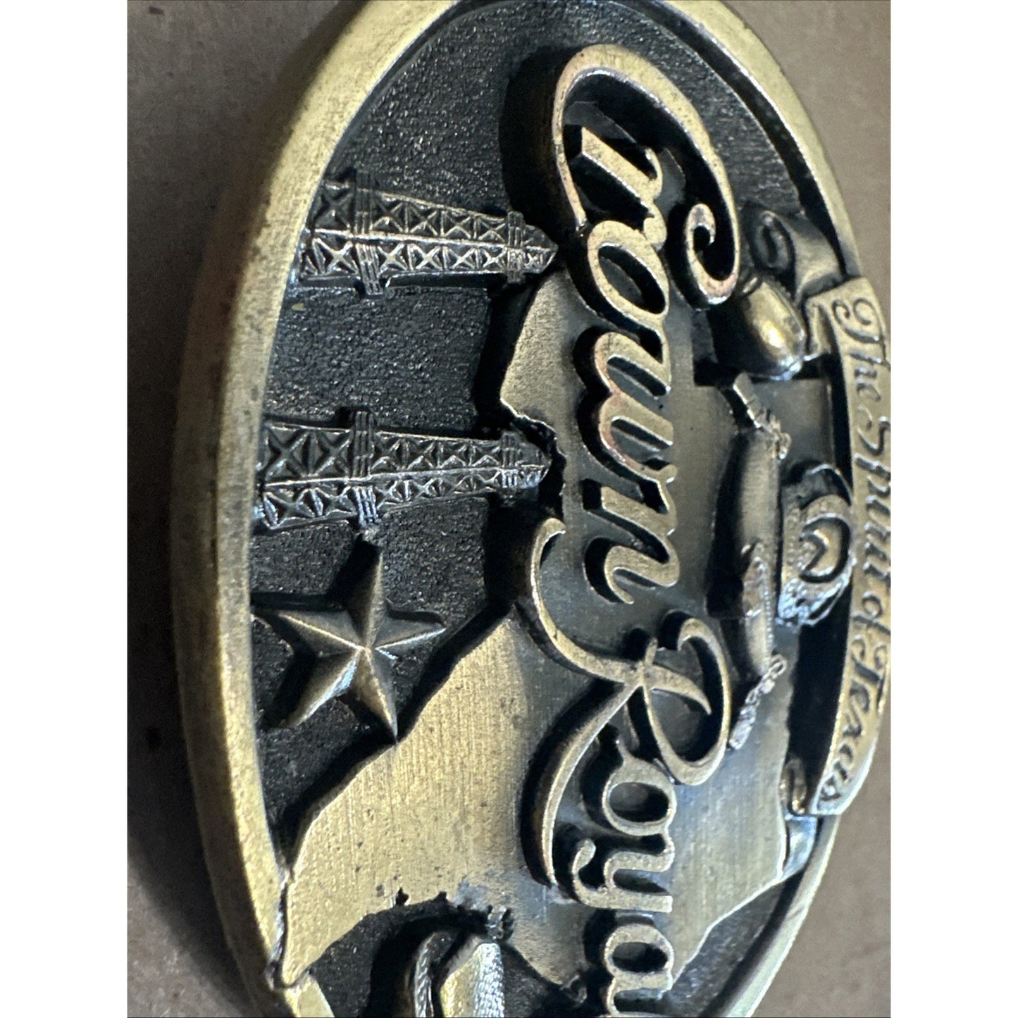Vintage 70s Crown Royal 1889 The Spirit of Texas Belt Buckle.