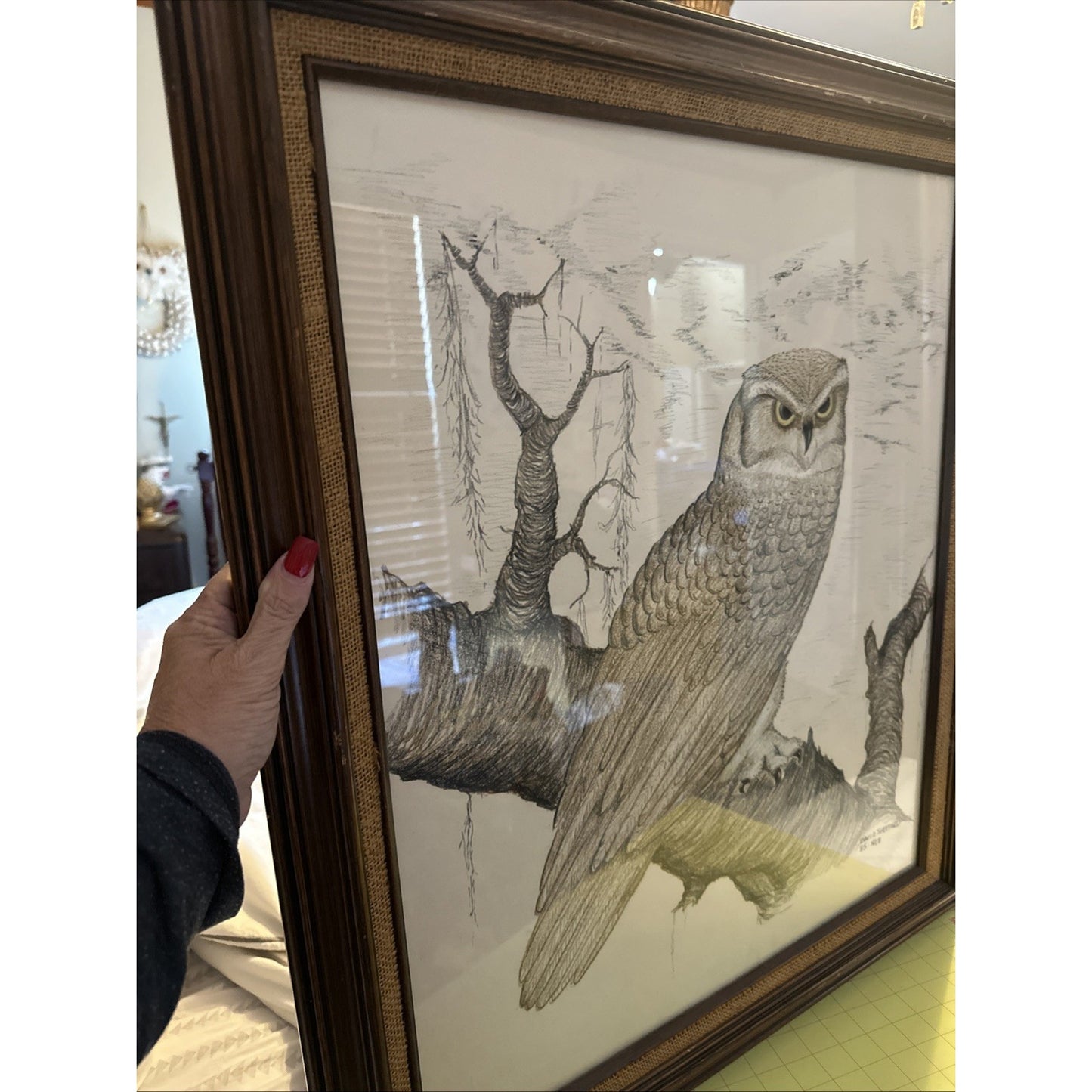 Beautiful Vintage Sketch Barn Owls, Signed David Shepard 29 x 25 One Of A Kind