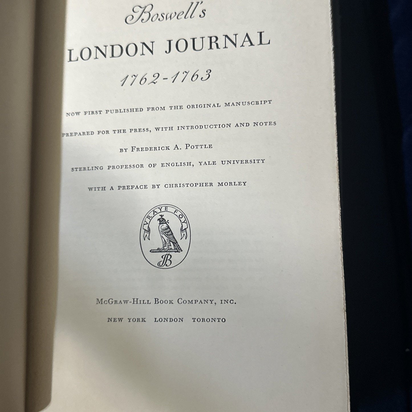 Boswells LONDON JOURNAL 1762-1763 Hardcover 1950 Rare 1st Edition