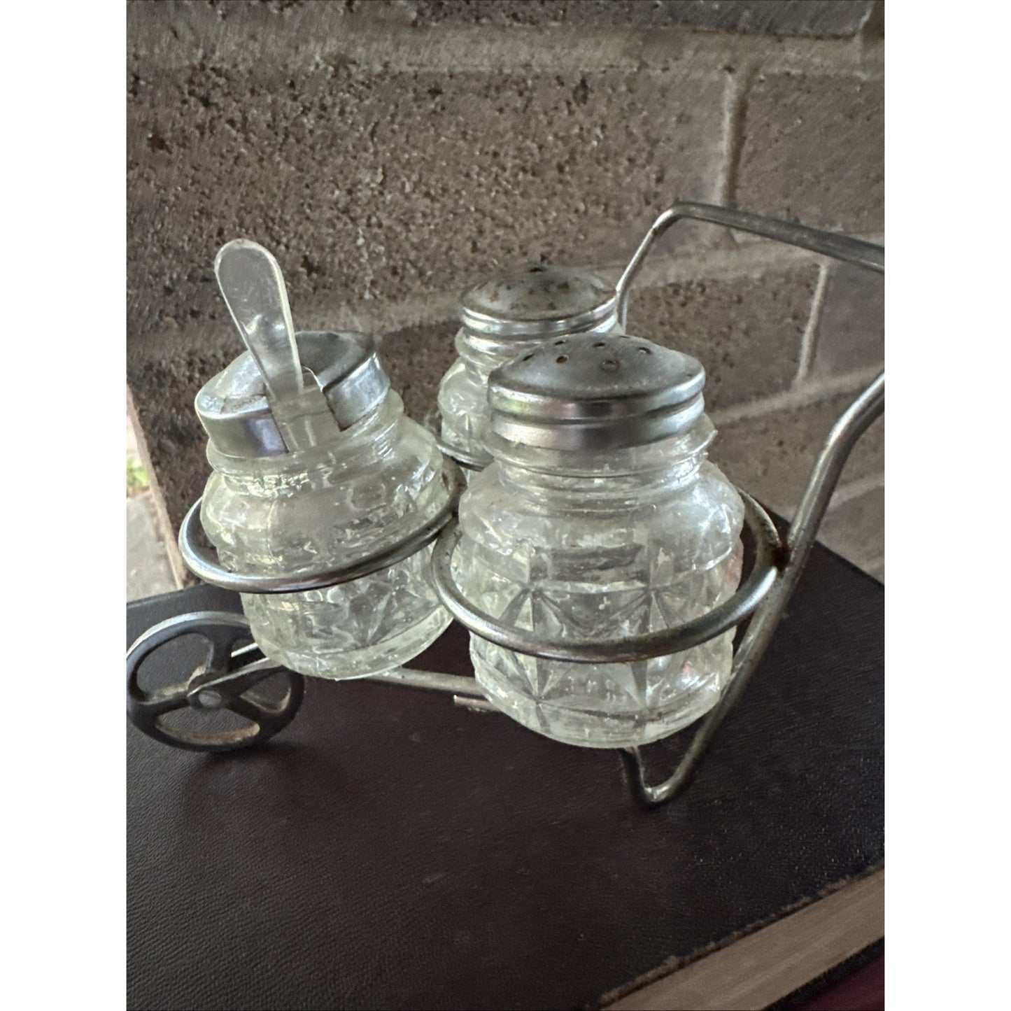 Condiment Cart Salt and Pepper Shakers plus Condiment Jar Wheel Barrel Holder