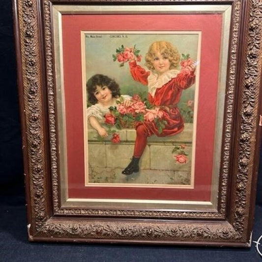 Framed Victorian Lithograph Print Picture "Wall Of Roses"