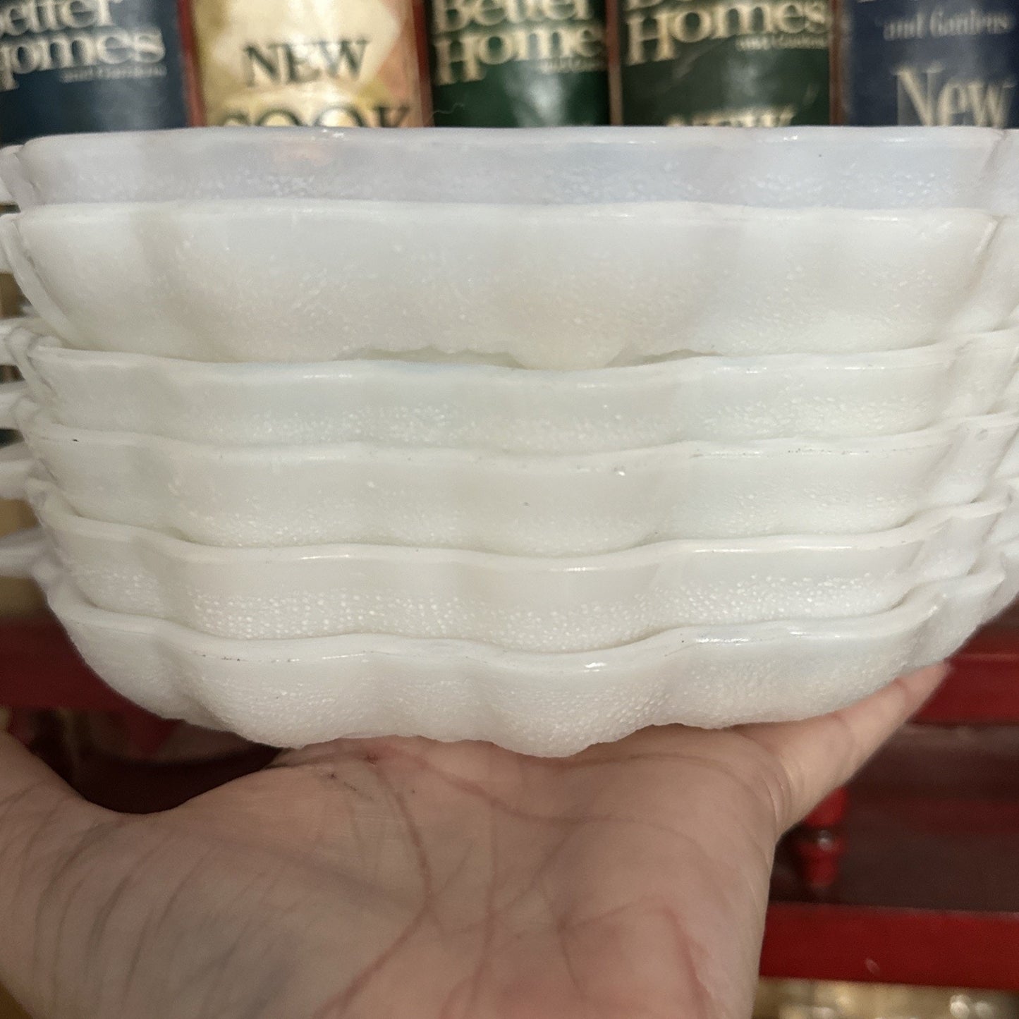 Vintage Hazel Atlas White Milk Glass Grape Pattern Candy/Snack Dish Set of 6