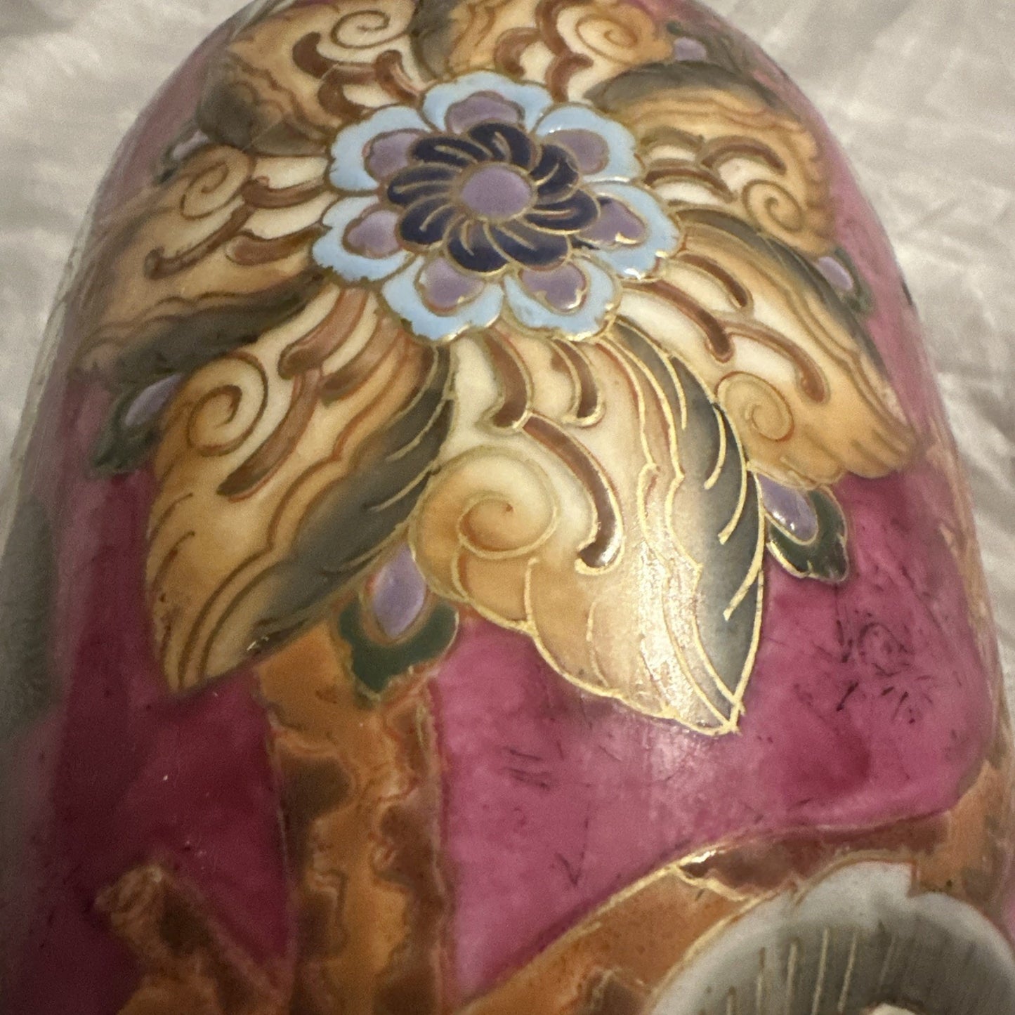 Vintage WBI Chinese Vase Porcelain Floral Design Blue Pink 12” Tall Gold Outline