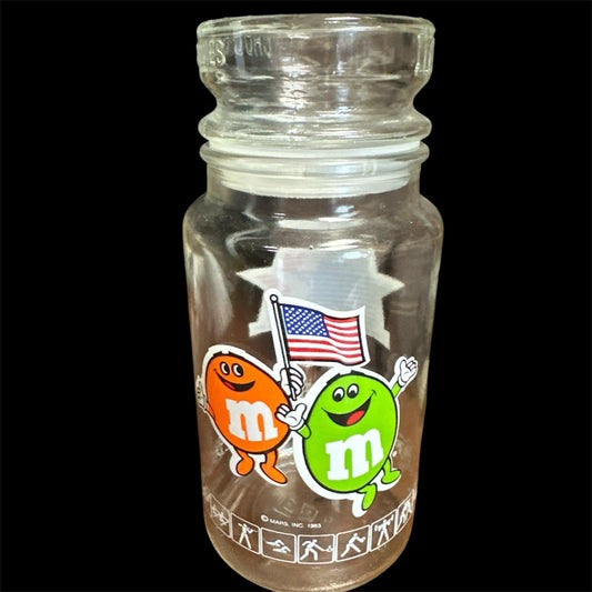 Vintage M&M 1984 LA Olympics Commemorative Glass Candy Jar With Lid Stopper