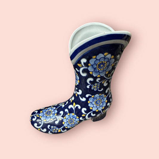 Cowboy Boot Chinoiserie Vase Blue White Yellow Gold Flower Pattern