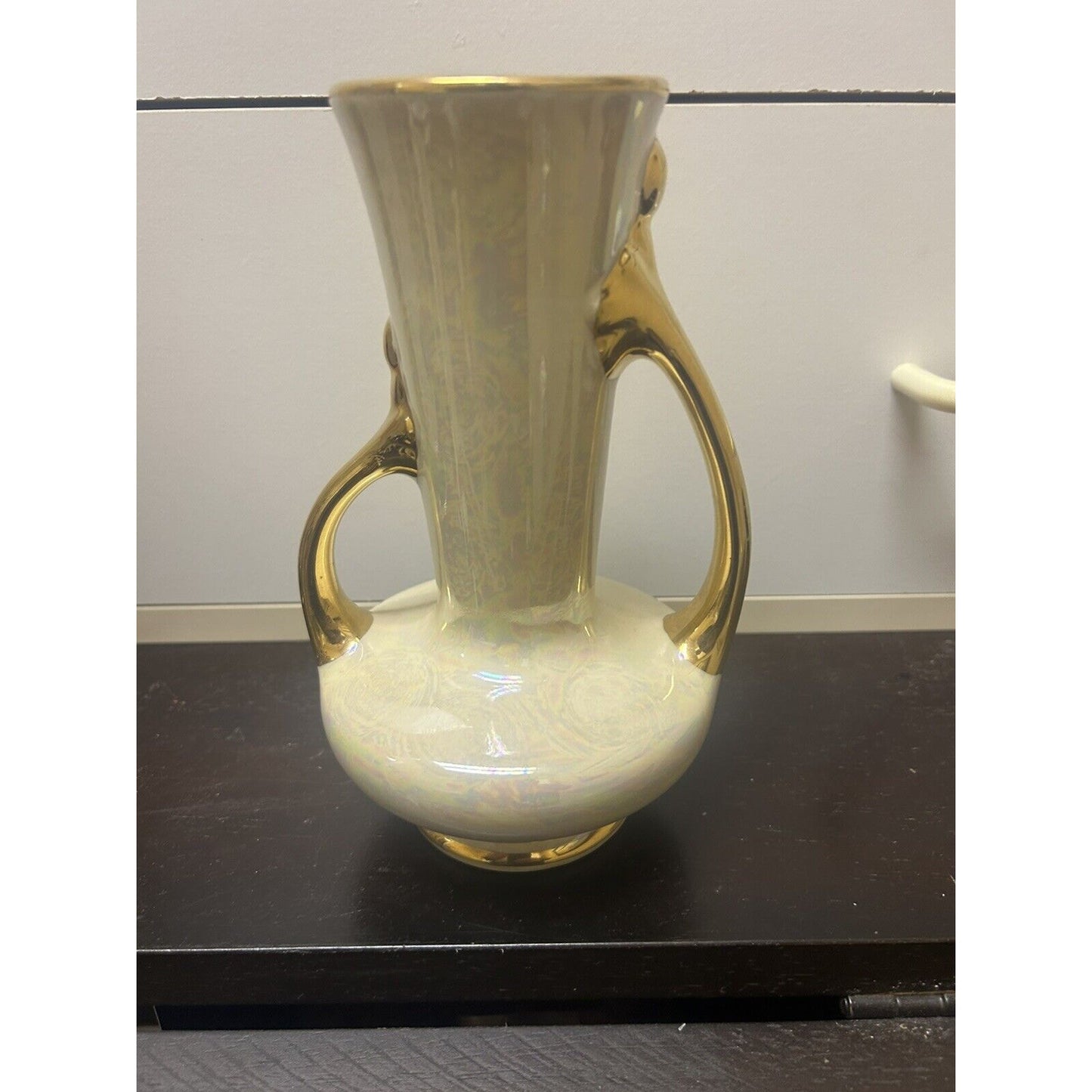 Antique Iridescent Hand Painted Vase beautiful gold 22k asymmetrical handles