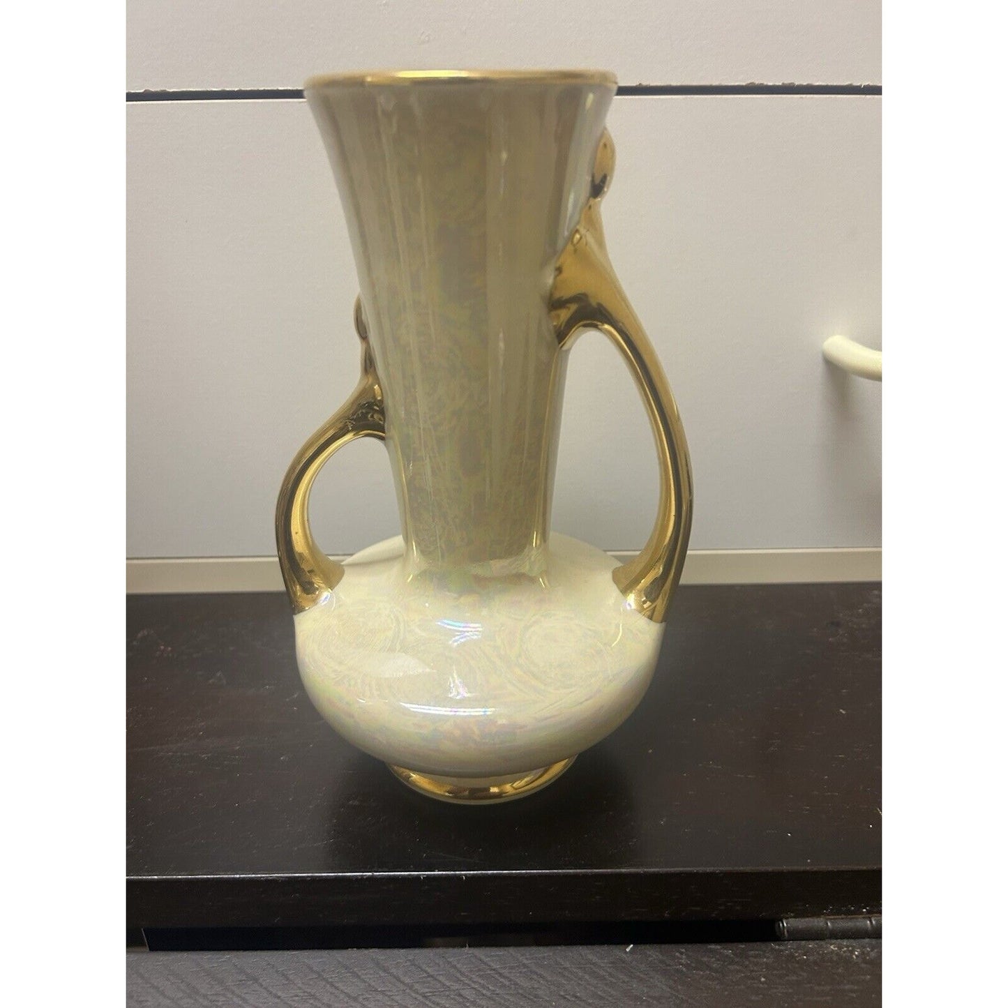 Vintage Lusterware Pearl China 2 Handled Vase 7 3/4" Beautiful 22 kt gold trim