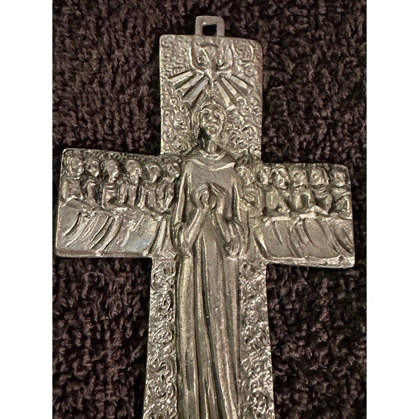 Vintage midcentury pewter cross Jesus Our Lord with his 12 disciples
